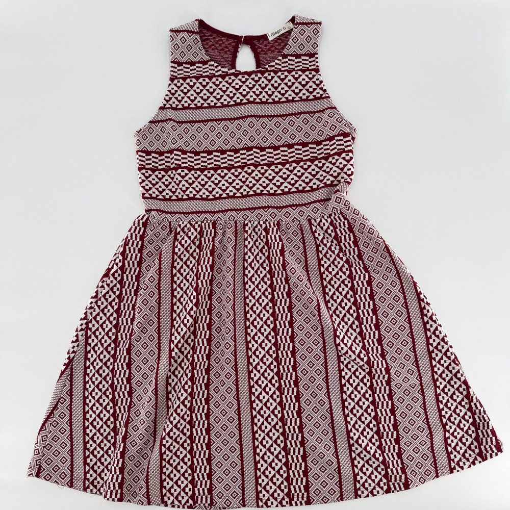 GINGER G Burgundy Geometric Fit Flare Sleeveless Dress Large Stretch